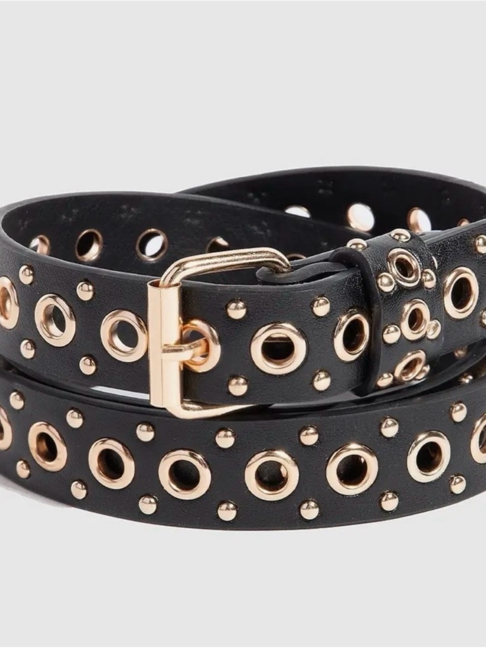 Black Grommet Vegan Leather Belt with Gold Hardware - Women's Accessory